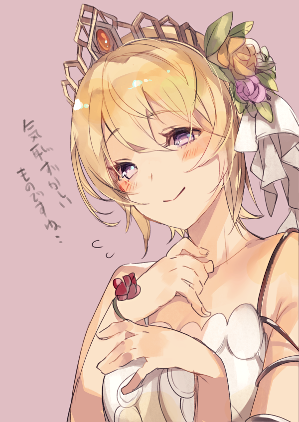 1girl bare_shoulders blonde_hair blue_eyes blush breasts cleavage closed_mouth collarbone dress europa_(granblue_fantasy) flower granblue_fantasy hair_between_eyes hair_flower hair_ornament looking_at_viewer short_hair simple_background smile