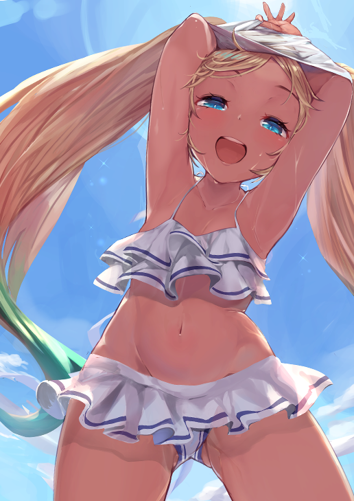 1girl arms_up ass_visible_through_thighs bikini bikini_skirt blonde_hair blue_eyes blush breasts child clouds cloudy_sky dark_skin flower frilled_bikini frills from_below gradient_hair granblue_fantasy groin hair_flower hair_ornament io_euclase layered_bikini light_particles long_hair looking_at_viewer multicolored_hair navel open_mouth p_answer rainbow_hair shirt shirt_removed skirt sky small_breasts solo standing stomach sunlight swimsuit thighs twintails undressing white_shirt