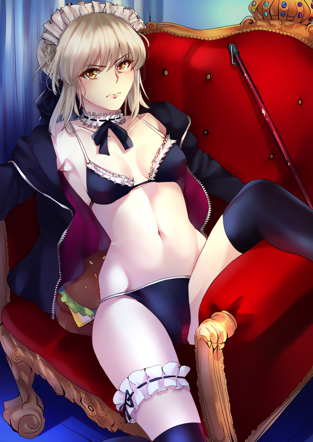 1girl artoria_pendragon_(all) artoria_pendragon_(swimsuit_rider_alter) bikini black_bikini black_jacket black_legwear breasts choker cleavage couch cowboy_shot curtains fate/grand_order fate_(series) food frilled_bikini frilled_bikini_top frilled_choker frills garter_straps hamburger highres hood hooded_jacket hoodie jacket looking_at_viewer maid_bikini maid_headdress navel pale_skin shumiao silver_hair sitting small_breasts solo swimsuit thigh-highs white_choker yellow_eyes