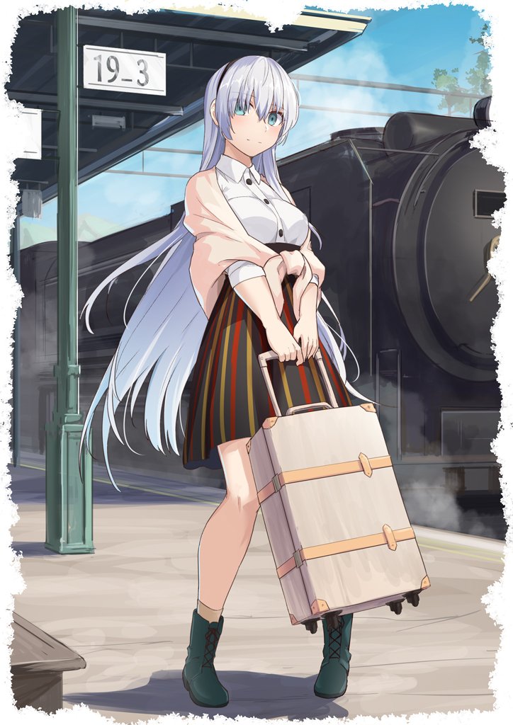 1girl anastasia_(fate/grand_order) blue_eyes contemporary fate/grand_order fate_(series) ground_vehicle hairband long_hair shiseki_hirame silver_hair skirt smile striped striped_skirt suitcase train train_station