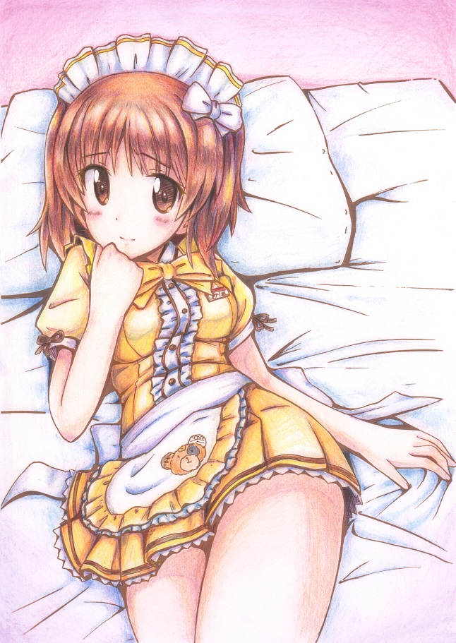 1girl alternate_costume animal_print apron bangs bear_print blush boko_(girls_und_panzer) bow bowtie brown_eyes brown_hair coco's colored_pencil_(medium) eyebrows_visible_through_hair frilled_apron frilled_skirt frills futon girls_und_panzer hair_bow hand_to_own_mouth head_tilt kazami_satoru light_smile looking_at_viewer lying maid_headdress millipen_(medium) miniskirt navel nishizumi_miho on_back on_bed pillow pleated_skirt print_skirt puffy_short_sleeves puffy_sleeves shirt short_hair short_sleeves single_horizontal_stripe skirt solo thighs traditional_media waist_apron waitress white_apron white_bow yellow_neckwear yellow_shirt