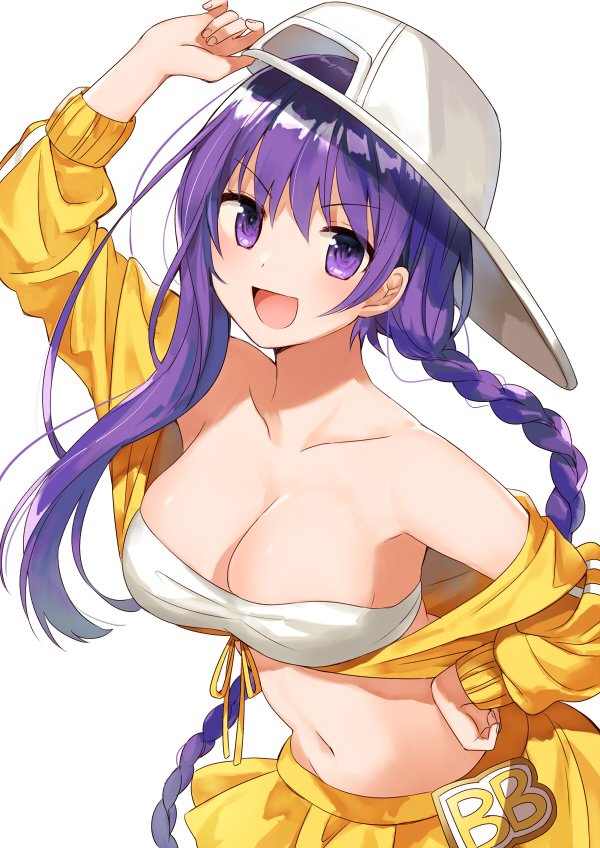1girl :d arm_up asymmetrical_hair backwards_hat baseball_cap bb_(fate)_(all) bb_(swimsuit_mooncancer)_(fate) bikini braid character_name collarbone eyebrows_visible_through_hair fate/grand_order fate_(series) floating_hair groin hand_on_hip hat jacket leaning_forward long_hair miniskirt navel off_shoulder open_clothes open_jacket open_mouth pleated_skirt purple_hair ribbon shiny shiny_hair simple_background single_braid skirt smile solo standing strapless strapless_bikini swimsuit very_long_hair violet_eyes white_background white_bikini white_hat yellow_jacket yellow_ribbon yellow_skirt yon_(letter)
