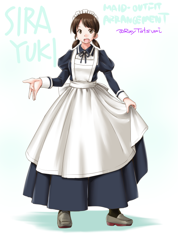 1girl adapted_costume alternate_costume apron bangs black_legwear blue_dress brown_eyes brown_hair character_name commentary_request dress dress_lift enmaided full_body grey_footwear kantai_collection lifted_by_self loafers looking_at_viewer low_twintails maid maid_headdress open_mouth parted_bangs shirayuki_(kantai_collection) shoes short_hair short_twintails smile solo standing tatsumi_ray twintails twitter_username white_apron