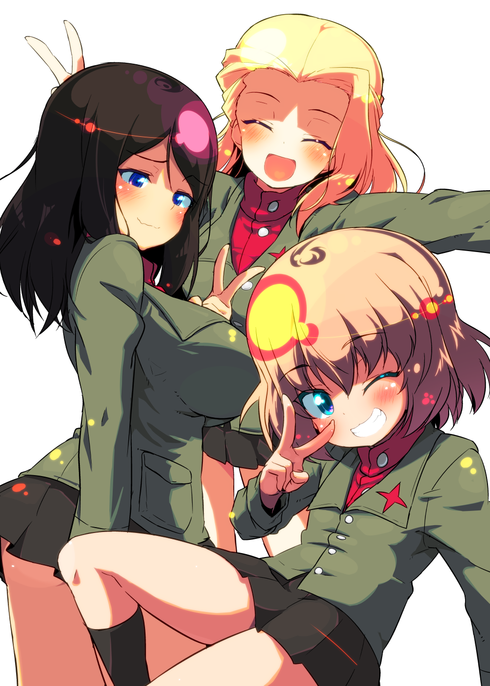 3girls :d bangs black_hair black_legwear black_skirt blonde_hair blue_eyes blush breasts clara_(girls_und_panzer) closed_eyes closed_mouth commentary emblem eyebrows_visible_through_hair girls_und_panzer green_jacket grin highres jacket katyusha large_breasts long_hair long_sleeves looking_at_another looking_at_viewer miniskirt multiple_girls open_mouth outstretched_arms pleated_skirt pravda_school_uniform red_shirt school_uniform sharp_teeth shirt short_hair simple_background skirt smile socks spread_arms standing sw swept_bangs symbol_commentary teeth thighs turtleneck v wavy_mouth white_background