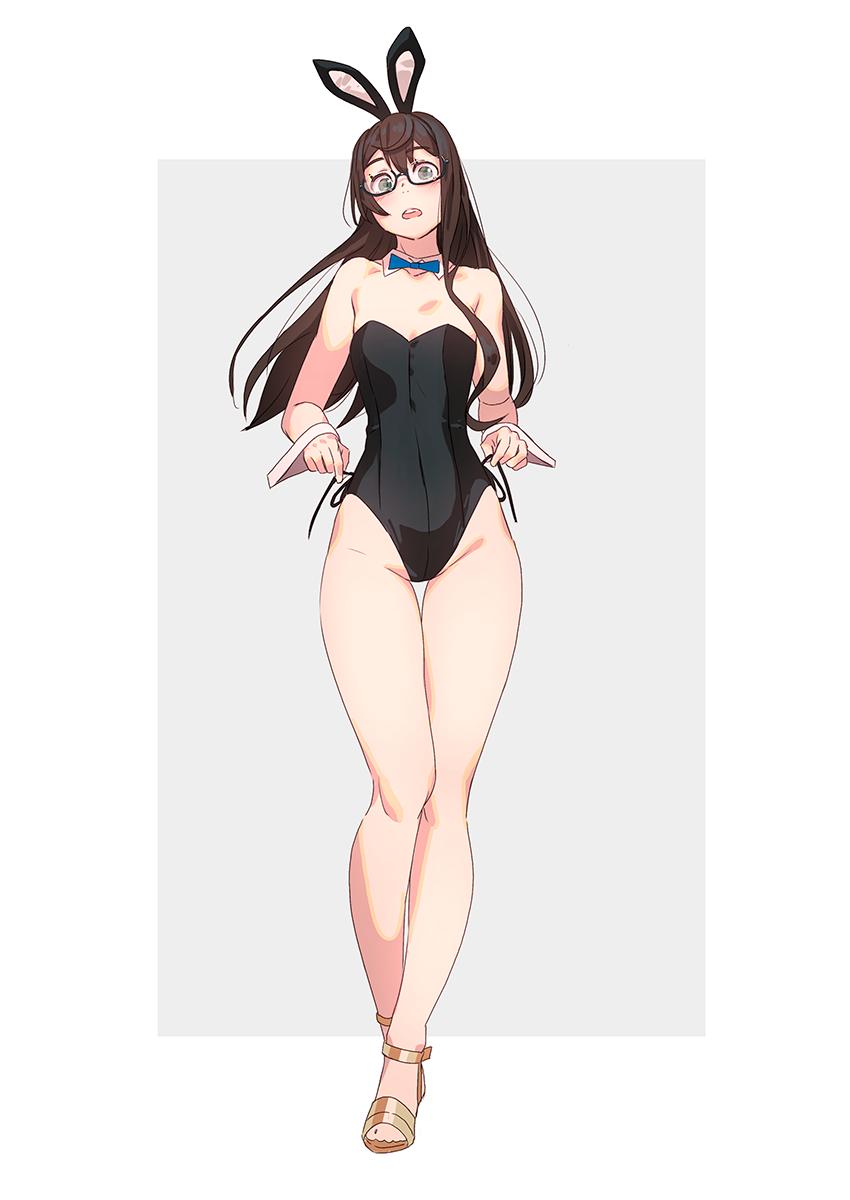 1girl animal_ears bangs bare_legs bare_shoulders black_hair black_leotard blue_neckwear blush bow bowtie breasts bunny_girl bunnysuit collarbone commentary_request detached_collar eyebrows_visible_through_hair fake_animal_ears glasses grey_eyes groin hair_between_eyes highleg highres holding kantai_collection leotard long_hair looking_at_viewer ooyodo_(kantai_collection) rabbit_ears semi-rimless_eyewear shoes side-tie_leotard simple_background small_breasts solo standing strapless strapless_leotard under-rim_eyewear wrist_cuffs yuuji_(and)