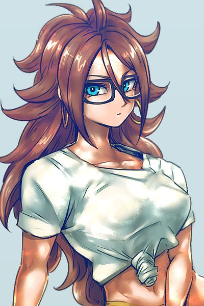 1girl android_21 black-framed_eyewear blue_eyes breasts brown_hair collarbone commentary_request curly_hair dragon_ball dragon_ball_fighterz earrings glasses hoop_earrings jewelry long_hair looking_at_viewer medium_breasts parted_lips shirt short_sleeves solo st62svnexilf2p9 tied_shirt upper_body very_long_hair white_shirt