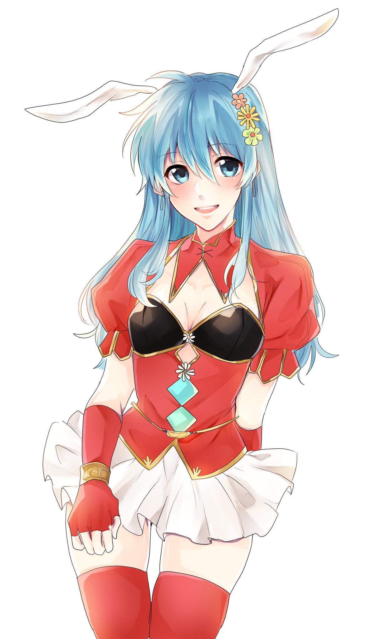 1girl alternate_costume animal_ears aqua_hair arm_behind_back blue_eyes breasts cleavage eirika fake_animal_ears fingerless_gloves fire_emblem fire_emblem:_seima_no_kouseki fire_emblem_heroes flower gloves hair_flower hair_ornament highres long_hair nintendo parted_lips rabbit_ears red_gloves red_legwear ryuuuuuuvi short_sleeves simple_background skirt small_breasts solo thigh-highs white_background white_skirt zettai_ryouiki