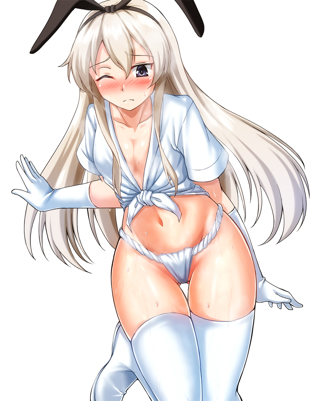 1girl alternate_costume animal_ears blonde_hair blush boots breasts closed_mouth elbow_gloves fundoshi gloves grey_eyes headband highres japanese_clothes kantai_collection long_hair navel one_eye_closed panties rabbit_ears shimakaze_(kantai_collection) simple_background small_breasts solo sweatdrop thigh-highs thigh_boots underwear white_background white_gloves white_panties zanntetu