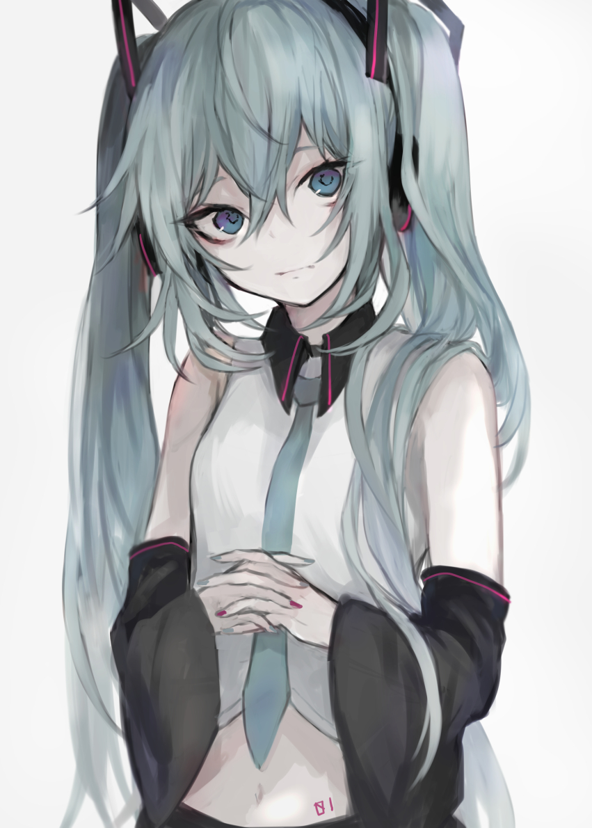 1girl bangs bare_shoulders black_sleeves blue_eyes breasts closed_mouth collared_shirt detached_sleeves eyebrows_visible_through_hair fingernails green_hair green_nails green_neckwear grey_background hair_between_eyes hair_ornament hasunokaeru hatsune_miku head_tilt headphones interlocked_fingers long_sleeves midriff multicolored multicolored_nails nail_polish navel necktie red_nails shirt sidelocks simple_background sleeveless sleeveless_shirt small_breasts solo twintails vocaloid white_shirt wide_sleeves