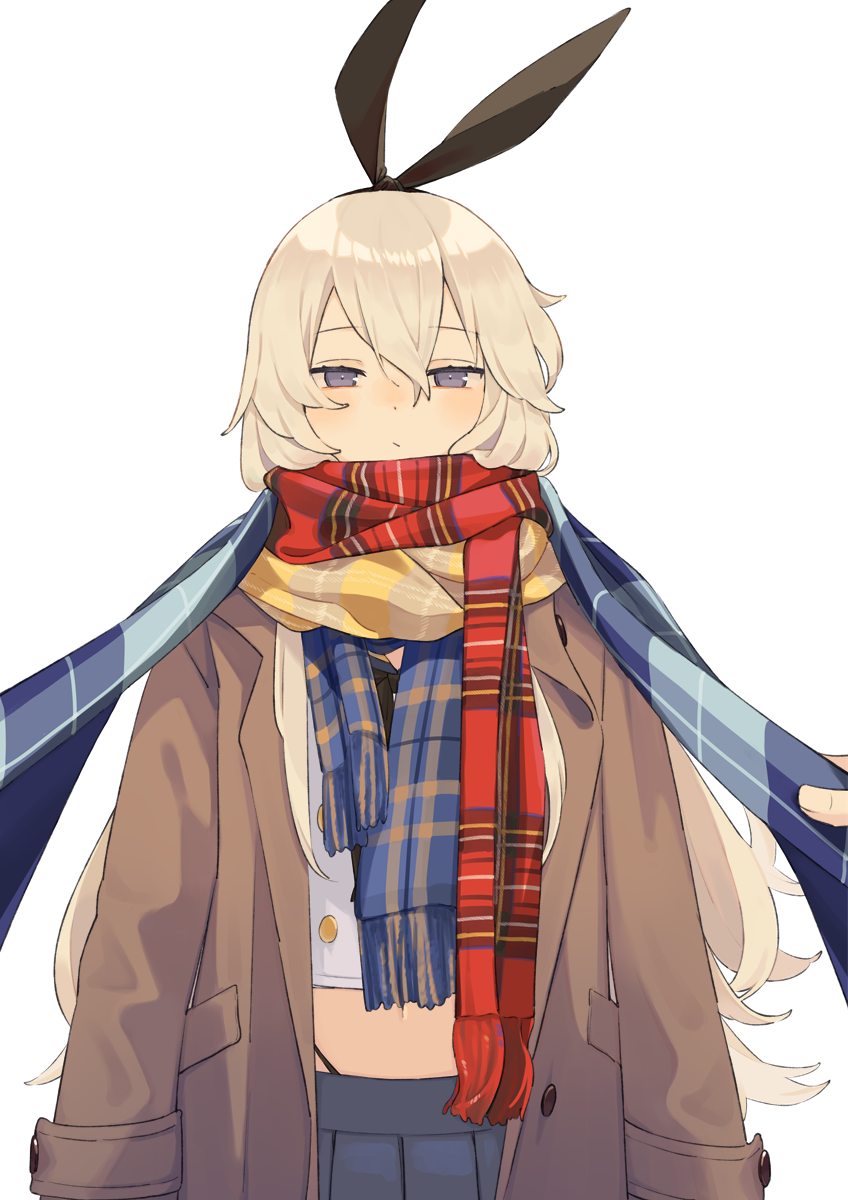 1girl blonde_hair blue_scarf blue_skirt brown_coat check_commentary coat commentary_request crop_top enpera hair_between_eyes highres ichiroku_(sakumogu-029) kantai_collection long_hair long_sleeves looking_at_viewer multiple_scarfs open_clothes open_coat plaid plaid_scarf pleated_skirt red_scarf scarf school_uniform serafuku shimakaze_(kancolle) simple_background skirt solo violet_eyes white_background yellow_scarf