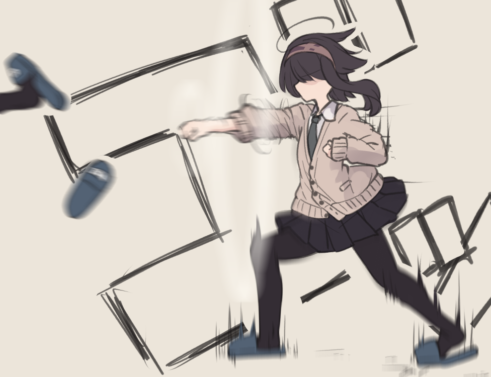 1girl ahoge background_text black_legwear black_skirt blue_footwear brown_background brown_cardigan brown_hair brown_hairband cardigan clenched_hands collared_shirt commentary_request green_neckwear hairband long_hair long_sleeves motion_blur natsuki_teru necktie original out_of_frame outstretched_arm pantyhose pleated_skirt punching shikibe_ayaka shirt short_hair_with_long_locks sidelocks simple_background skirt sleeves_past_wrists slippers solo_focus standing white_shirt