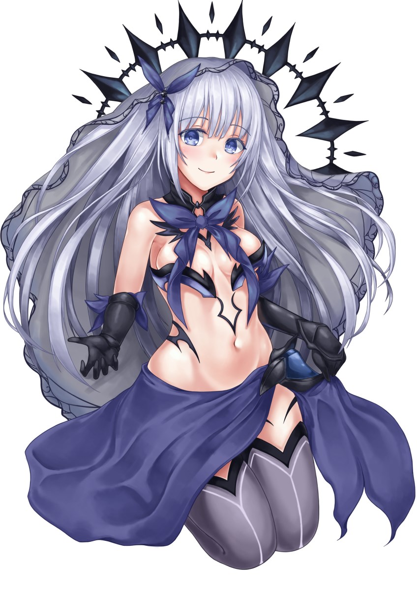 1girl bare_shoulders black_gloves blue_bow blue_eyes blue_skirt blush bow bowtie breasts cleavage crown date_a_live detached_collar elbow_gloves full_body gloves groin hair_between_eyes hair_bow highres long_hair medium_breasts navel reaching_out revealing_clothes seiza silver_hair simple_background sitting skirt skirt_hold smile solo sum_ku thigh-highs tobiichi_origami veil very_long_hair white_background