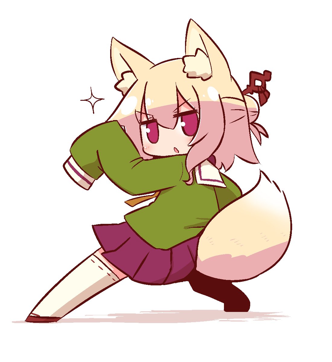 1girl animal_ear_fluff animal_ears bangs blonde_hair blush brown_footwear commentary_request eyebrows_visible_through_hair fox_ears fox_girl fox_tail full_body green_shirt hair_between_eyes hair_bun hair_ornament hand_up highres kemomimi-chan_(naga_u) long_sleeves naga_u orange_neckwear original parted_lips pleated_skirt purple_skirt red_eyes ribbon-trimmed_legwear ribbon_trim sailor_collar shadow shirt sidelocks skirt sleeves_past_fingers sleeves_past_wrists solo sparkle standing tail tail_raised thigh-highs v-shaped_eyebrows white_background white_legwear white_sailor_collar