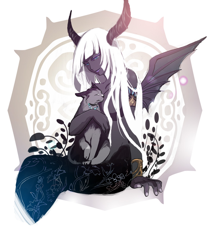 armlet bat_wings black_cat blue_eyes bracelet cat dark_skin demon demon_girl horns jewelry lipstick looking_at_another makeup purple_eyeshadow purple_lips purple_lipstick saga saga_frontier solo sui_(soo008) white_hair wings youma