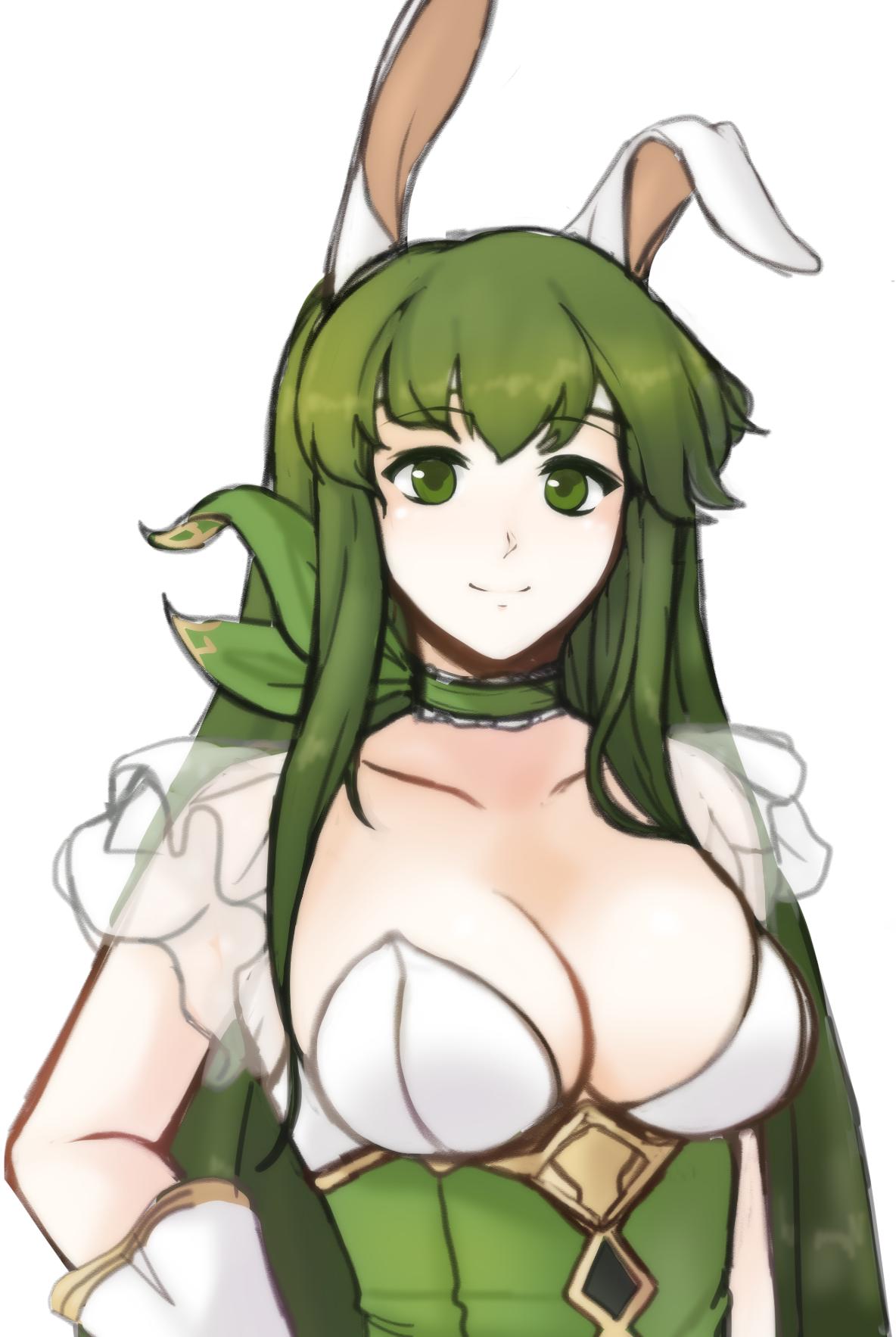 1girl animal_ears breasts choker cleavage closed_mouth fake_animal_ears fire_emblem fire_emblem:_mystery_of_the_emblem fire_emblem_heroes frilled_choker frills gloves green_eyes green_hair highres long_hair medium_breasts nintendo paola rabbit_ears simple_background smile solo tridisart upper_body white_background white_gloves