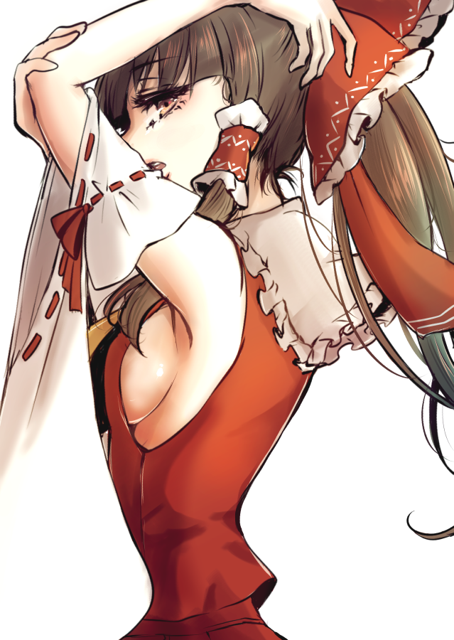 1girl alternate_hairstyle arm_up armpits ascot bow breasts brown_eyes brown_hair detached_sleeves eyebrows_visible_through_hair hair_bow hair_tubes hakurei_reimu looking_at_viewer medium_hair nontraditional_miko open_mouth papiko_(papiko8901) ponytail profile sideboob sidelocks simple_background solo touhou upper_body white_background wide_sleeves