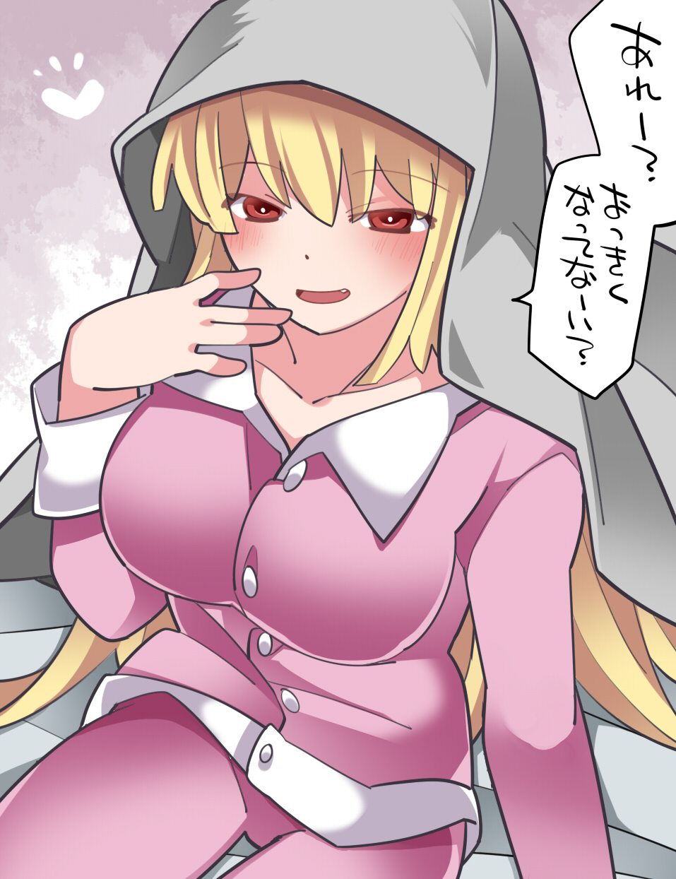 1girl blonde_hair blush breasts commentary_request fang hammer_(sunset_beach) heart highres impossible_clothes impossible_shirt large_breasts open_mouth original pajamas red_eyes shirt sitting smile solo translation_request under_covers