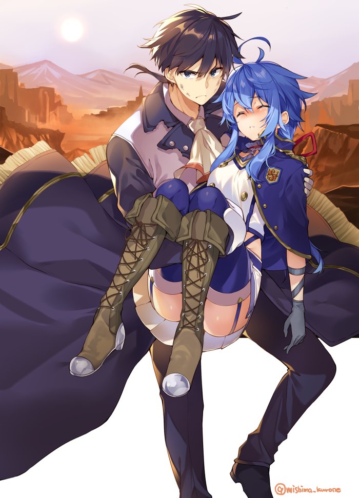 1boy 1girl ahoge black_pants blue_capelet blue_hair blue_legwear blush boots brown_footwear brown_hair capelet carrying closed_eyes crop_top day frown garter_straps glenn_radars gloves grey_gloves hair_ribbon knee_boots looking_at_viewer miniskirt mishima_kurone official_art outdoors pants parted_lips pleated_skirt princess_carry red_ribbon ribbon rokudenashi_majutsu_koushi_to_akashic_record ryiel_rayford shiny shiny_skin shirt short_hair_with_long_locks sidelocks skirt sun thigh-highs twitter_username white_neckwear white_shirt white_skirt zettai_ryouiki