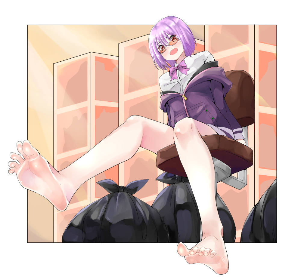 1girl bare_legs barefoot chair collared_shirt eiji_(eiji) eyebrows_visible_through_hair feet hair_between_eyes jacket lavender_hair looking_at_viewer open_mouth pov_feet purple_jacket shinjou_akane shirt sitting smile soles solo ssss.gridman toenails toes white_cardigan white_shirt