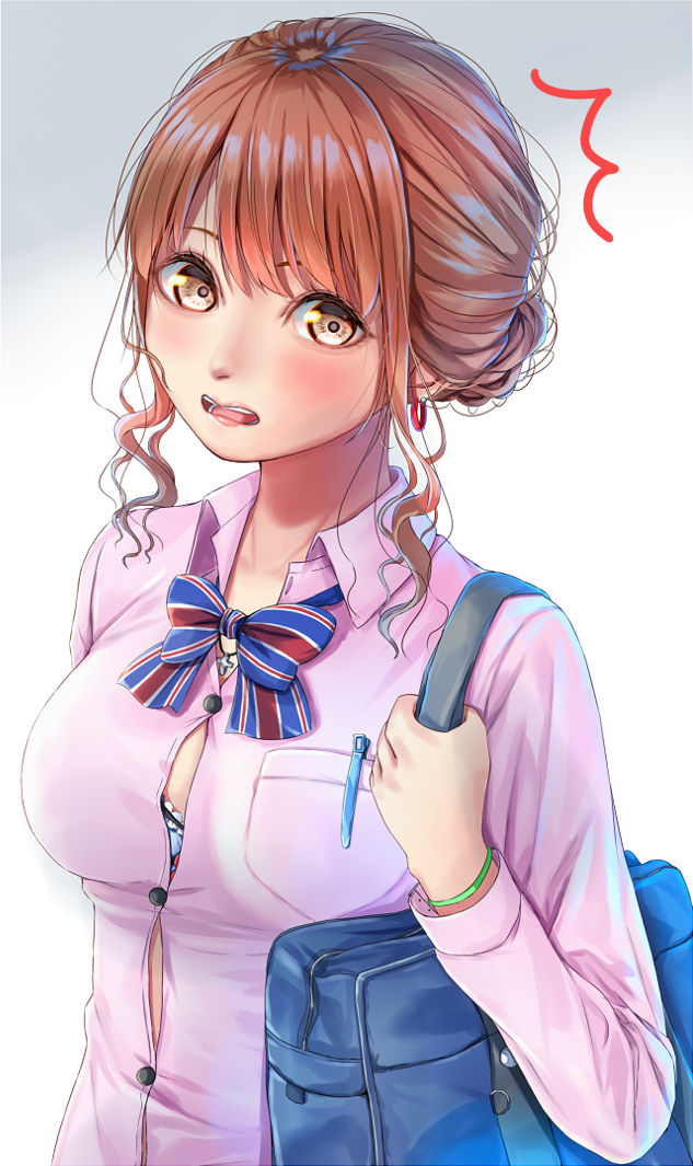 1girl amagami_rukichi bag blue_bow blush bookbag bow breasts brown_eyes brown_hair cleavage earrings jewelry looking_at_viewer open_mouth original pen pink_shirt pocket red_earrings shirt sidelocks simple_background upper_body white_background wristband
