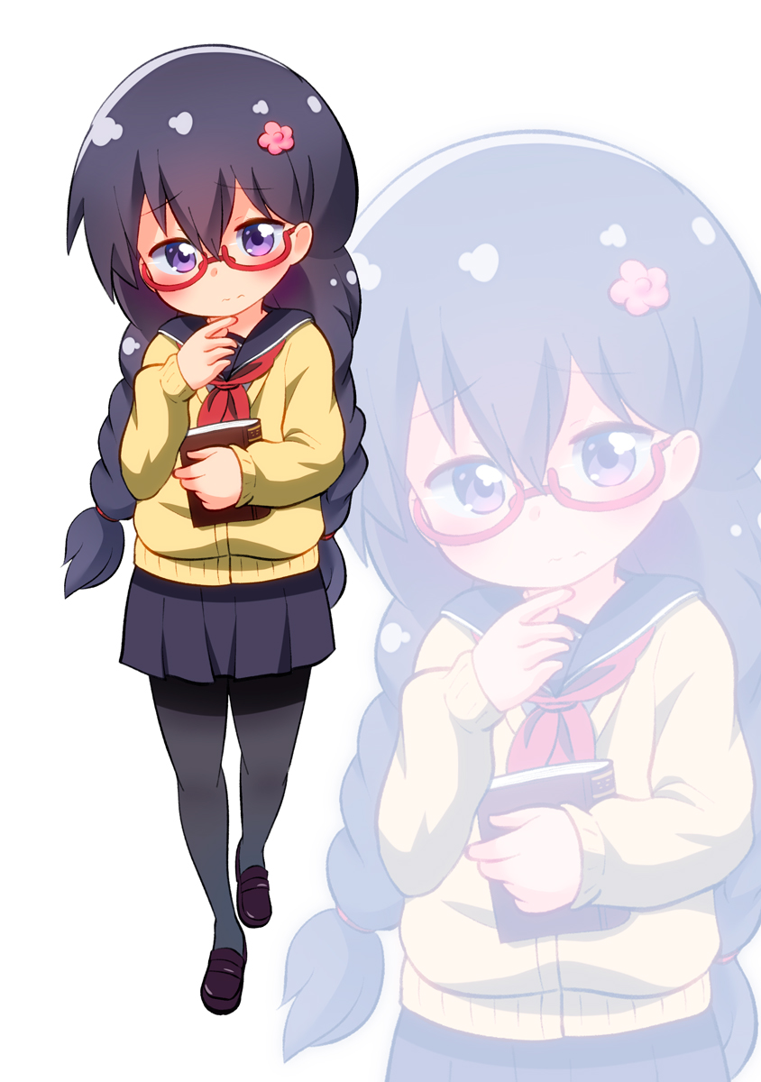 1girl alternate_hairstyle bespectacled black_hair black_legwear blush book braid commentary_request flower full_body glasses hair_flower hair_ornament highres kbisuco loafers looking_at_viewer pantyhose school_uniform serafuku shirosaki_hana shoes simple_background solo sweater twin_braids violet_eyes watashi_ni_tenshi_ga_maiorita! white_background