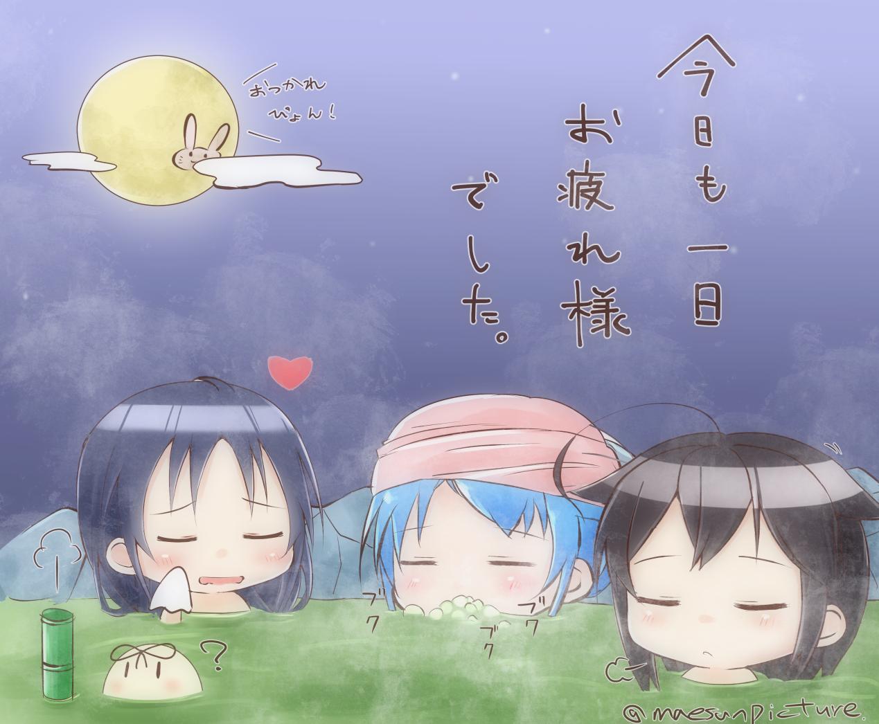 1other 3girls ? ahoge artist_name bamboo bangs blue_hair blush brown_hair chibi closed_eyes commentary_request hair_flaps hair_ribbon heart holding holding_towel kantai_collection mae_(maesanpicture) moon multiple_girls night night_sky onsen outdoors rabbit remodel_(kantai_collection) ribbon samidare_(kantai_collection) shigure_(kantai_collection) sidelocks sky suzukaze_(kantai_collection) swept_bangs the_yuudachi-like_creature towel towel_on_head translated water