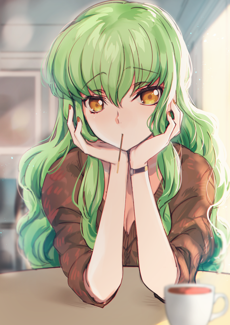 1girl bangs blurry blurry_background breasts brown_nails brown_sweater c.c. cleavage code_geass creayus cup eyebrows_visible_through_hair food green_hair hair_between_eyes head_rest indoors long_hair looking_at_viewer medium_breasts mouth_hold nail_polish pocky pocky_day pov_across_table sleeves_pushed_up solo sweater table teacup upper_body watch watch yellow_eyes