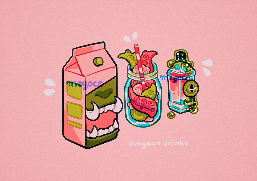 artist_name bottle carton drinking_straw english_text eyeball jar meyoco no_humans open_mouth original pink_background simple_background slime slit_pupils teeth tentacle