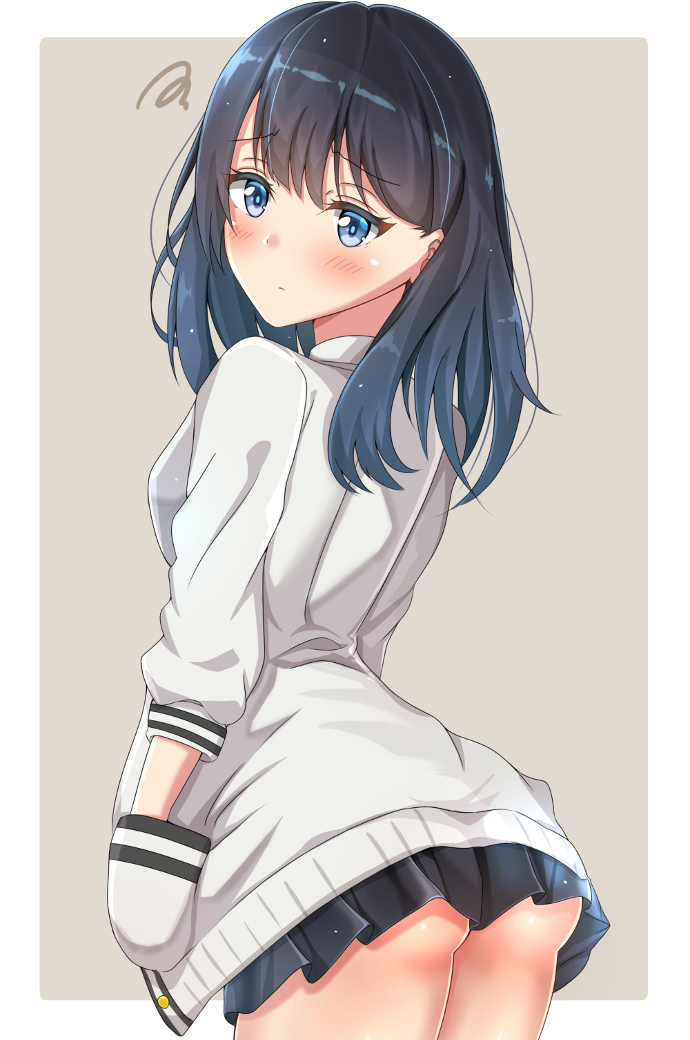 1girl arched_back ass bangs black_hair black_skirt blue_eyes blush breasts cardigan commentary_request dot_nose eyebrows_visible_through_hair from_behind hand_in_pocket highres long_hair long_sleeves looking_at_viewer looking_back medium_breasts pleated_skirt school_uniform simple_background skirt solo ssss.gridman straight_hair sunsun2812 takarada_rikka thighs