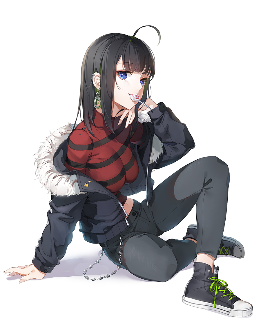 1girl ahoge arm_support black_footwear black_hair black_jacket black_pants blue_eyes breasts candy chin_rest ear_piercing earrings food full_body fur_collar hand_up jacket jewelry large_breasts lollipop long_hair long_sleeves looking_at_viewer midriff mouth_hold navel off_shoulder open_clothes open_jacket original pants piercing red_shirt shadow shirt shoes sidelocks simple_background sitting sneakers solo star striped striped_shirt white_background yumaomi