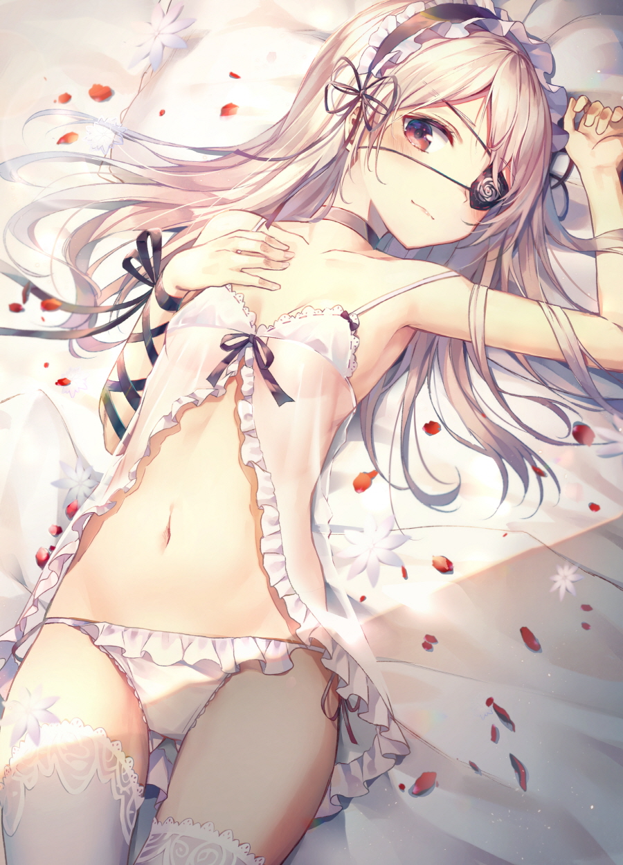 1girl :3 armpits ass_visible_through_thighs babydoll bare_arms bare_shoulders bed_sheet black_choker black_ribbon breasts choker closed_mouth collarbone commentary_request cowboy_shot eyepatch floral_print flower frills groin hair_spread_out hand_on_own_chest hand_up headdress highres huwali_(dnwls3010) lace lace-trimmed_legwear lace_trim light light_particles lingerie long_hair looking_at_viewer lying navel on_back original panties petals pillow red_eyes ribbon rose_print see-through shade side-tie_panties silver_hair small_breasts solo spaghetti_strap stomach thigh-highs underwear white_flower white_legwear white_panties wrist_ribbon