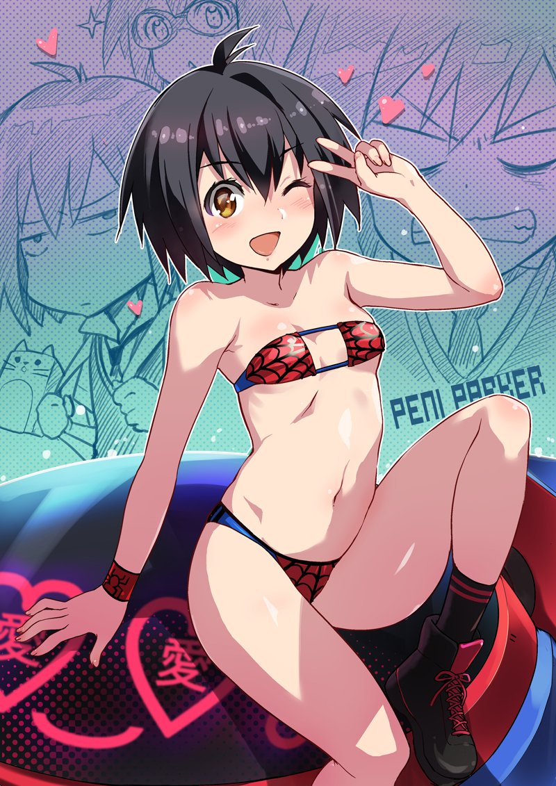 1girl adapted_costume ahoge bikini black_footwear black_hair black_legwear boots brown_eyes character_name commentary_request cross-laced_footwear flat_chest inue_shinsuke lace-up_boots navel open_mouth peni_parker red_bikini red_wristband robot short_hair sitting smile socks solo spider-man:_into_the_spider-verse spider-man_(series) spider_web_print swimsuit wristband