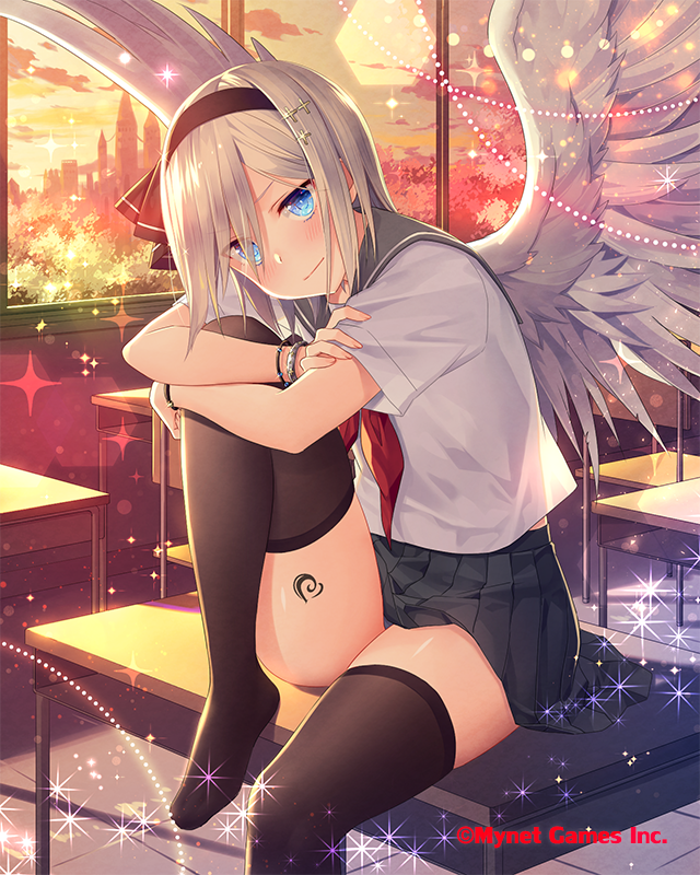 1girl angel_wings black_legwear black_skirt blue_eyes blush bracelet classroom closed_mouth company_name cross_hair_ornament desk evening eyebrows_visible_through_hair falkyrie_no_monshou hair_ornament hairband indoors jewelry leg_up looking_at_viewer natsumekinoko neckerchief official_art red_neckwear sailor_collar sitting skirt solo thigh-highs uniform white_hair wings