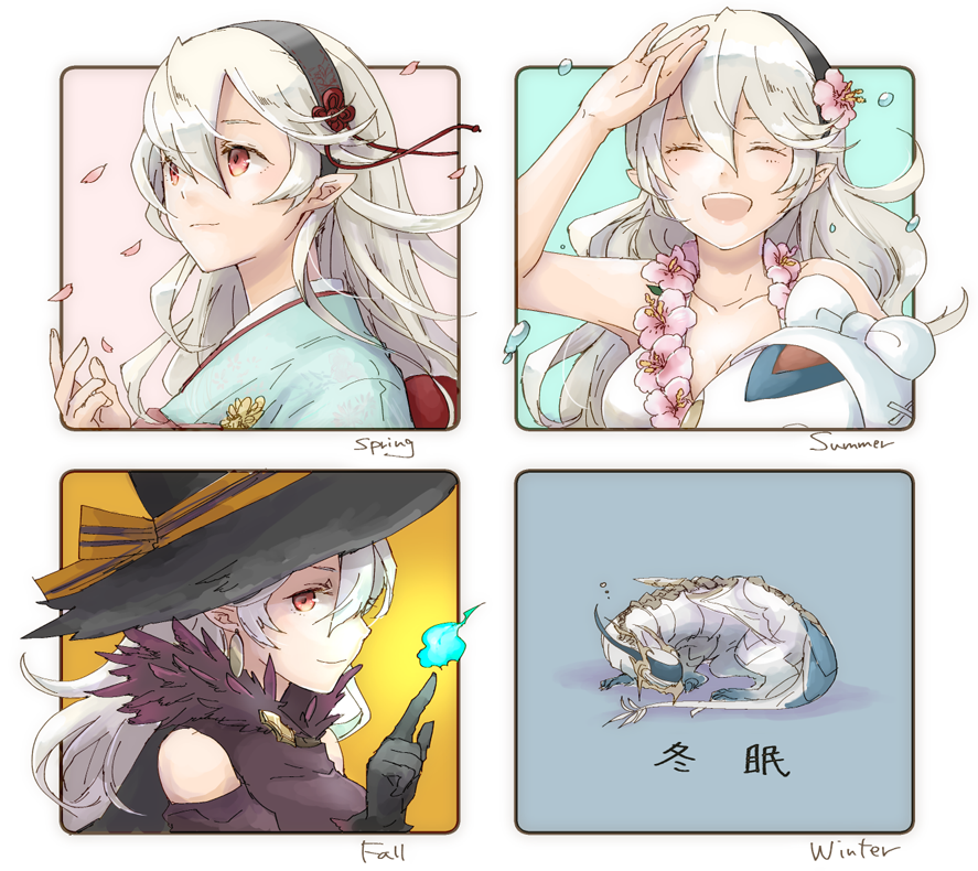 3girls alternate_costume arm_up autumn bikini bikini_top black_gloves black_hairband closed_eyes closed_mouth dragon earrings fall female_my_unit_(fire_emblem_if) fire_emblem fire_emblem_heroes fire_emblem_if flower from_side gloves hair_flower hair_ornament hairband halloween hat intelligent_systems jewelry kimono lilith_(fire_emblem_if) long_hair multiple_girls multiple_persona my_unit_(fire_emblem_if) nintendo open_mouth petals pointy_ears red_eyes robaco spring_(season) summer super_smash_bros. swimsuit vacation white_hair winter witch_dress witch_hat wreath