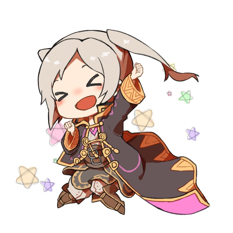 &gt;_&lt; 1girl arm_up chibi cute female_my_unit_(fire_emblem:_kakusei) fire_emblem fire_emblem:_kakusei intelligent_systems long_sleeves my_unit_(fire_emblem:_kakusei) nintendo open_mouth robe shunrai simple_background solo twintails white_background white_hair