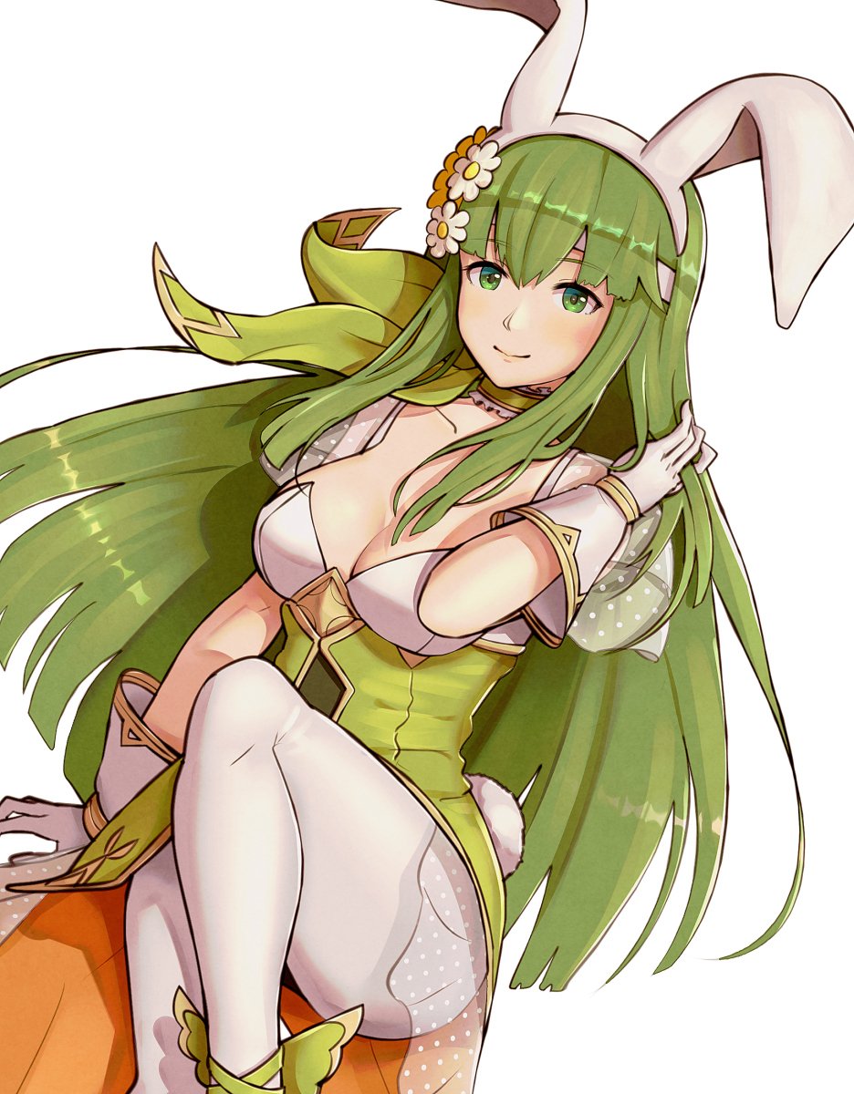 1girl animal_ears breasts bunny_tail cleavage closed_mouth fake_animal_ears fake_tail fire_emblem fire_emblem:_mystery_of_the_emblem fire_emblem_heroes flower gloves gonzarez green_eyes green_hair hair_flower hair_ornament highres long_hair medium_breasts nintendo pantyhose paola rabbit_ears simple_background smile solo tail white_background white_gloves white_legwear