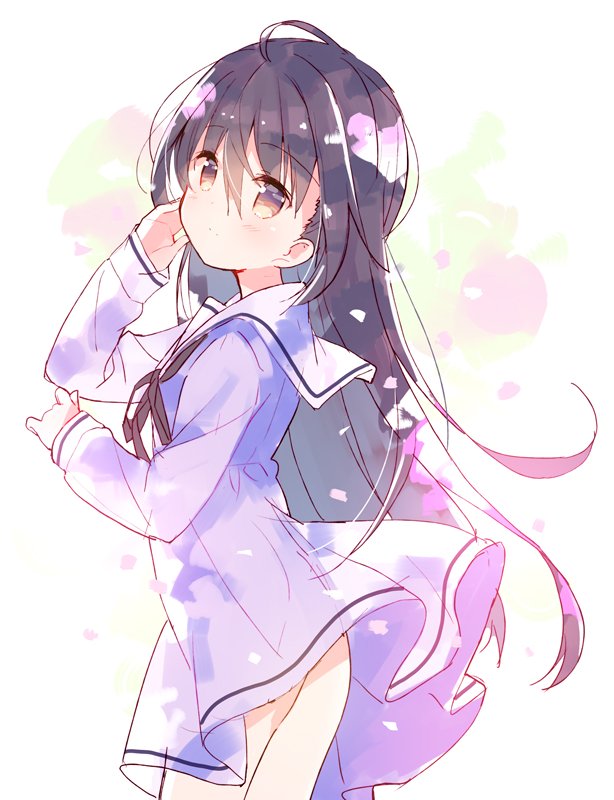 1girl ass bangs black_ribbon blush brown_eyes brown_hair closed_mouth commentary_request cowboy_shot dress eyebrows_visible_through_hair hair_between_eyes hands_up long_hair long_sleeves looking_at_viewer looking_to_the_side meito_(maze) neck_ribbon original purple_dress ribbon sailor_collar sailor_dress sleeves_past_wrists solo very_long_hair white_sailor_collar