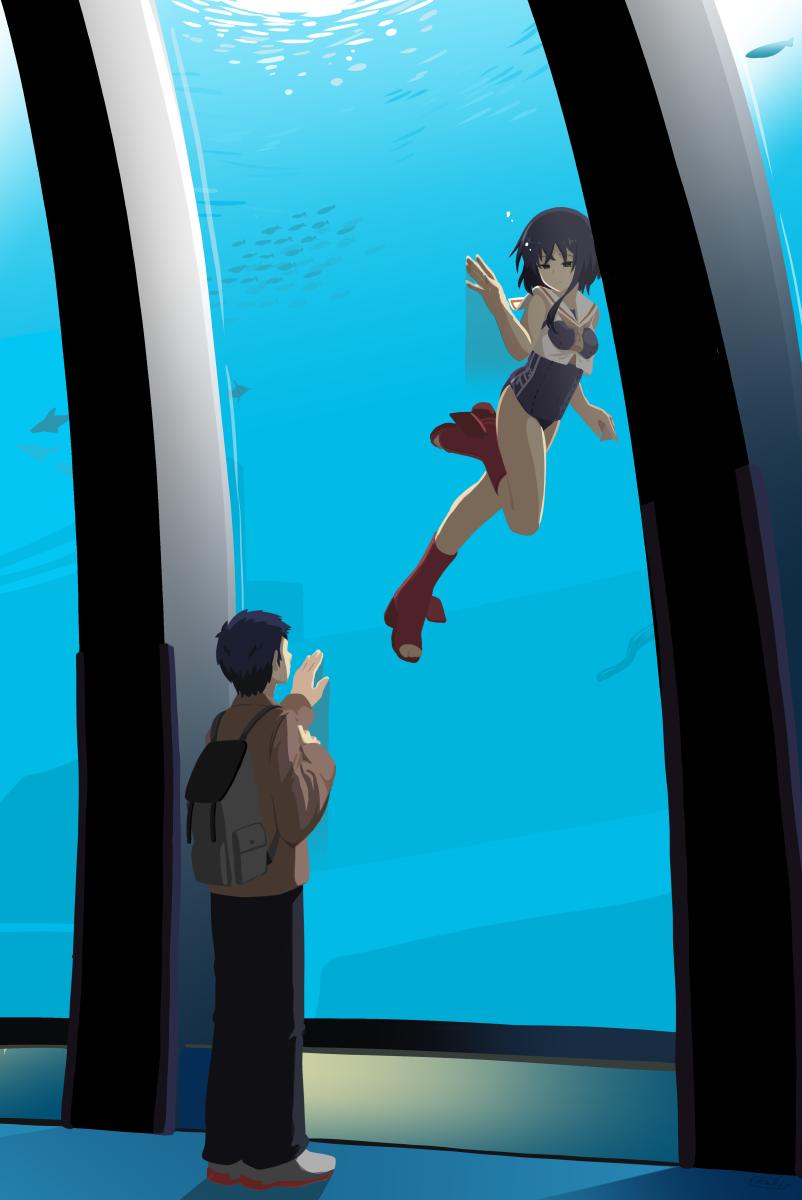 1boy 1girl against_glass aquarium asymmetrical_hair backpack bag black_hair black_swimsuit boots brown_eyes character_name commentary_request crop_top framed_breasts fujinoki_(horonabe-ken) hair_between_eyes high_heel_boots high_heels highres i-13_(kantai_collection) indoors kantai_collection sailor_collar school_swimsuit short_hair swimsuit underwater waving white_sailor_collar