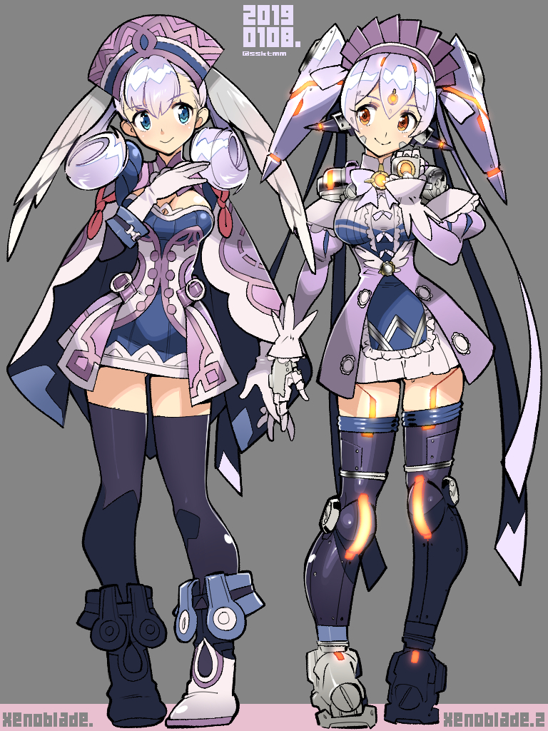 2girls android blue_eyes blush breasts cape curly_hair elbow_gloves fujimoto_hideaki gloves hana_(xenoblade) hana_jk hat head_wings long_hair looking_at_viewer maid_headdress medium_breasts melia multiple_girls nintendo nopon open_mouth orange_eyes purple_hair ribbon robot_joints short_hair silver_hair simple_background smile spoilers thigh-highs twintails xenoblade_(series) xenoblade_1 xenoblade_2 zettai_ryouiki