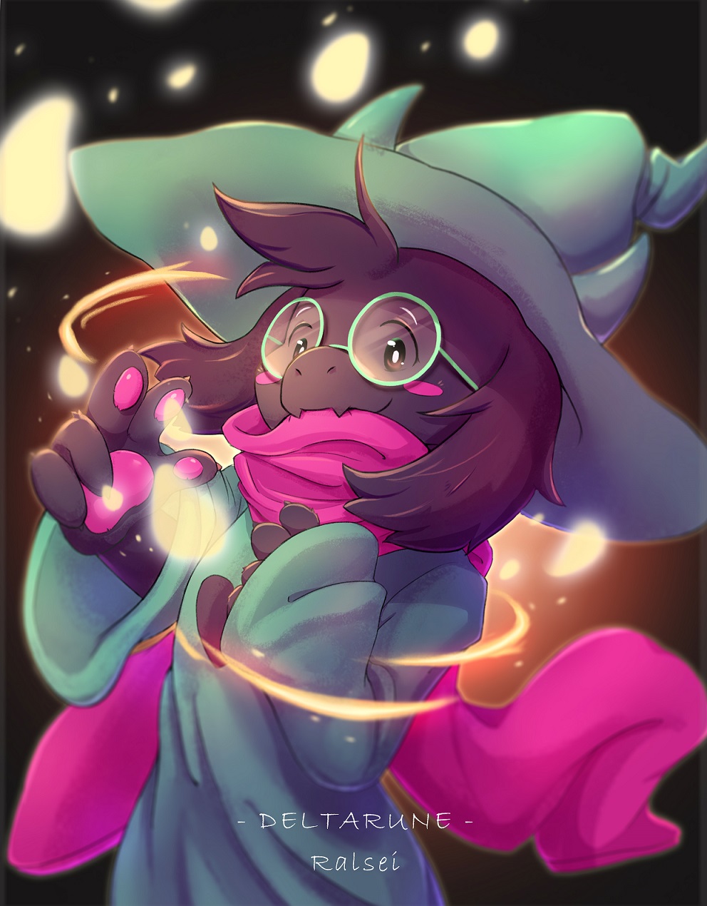 1boy bai_qiao black_eyes black_hair blush character_name copyright_name dark_background deltarune glasses green_hat hat highres paws pink_scarf ralsei scarf standing