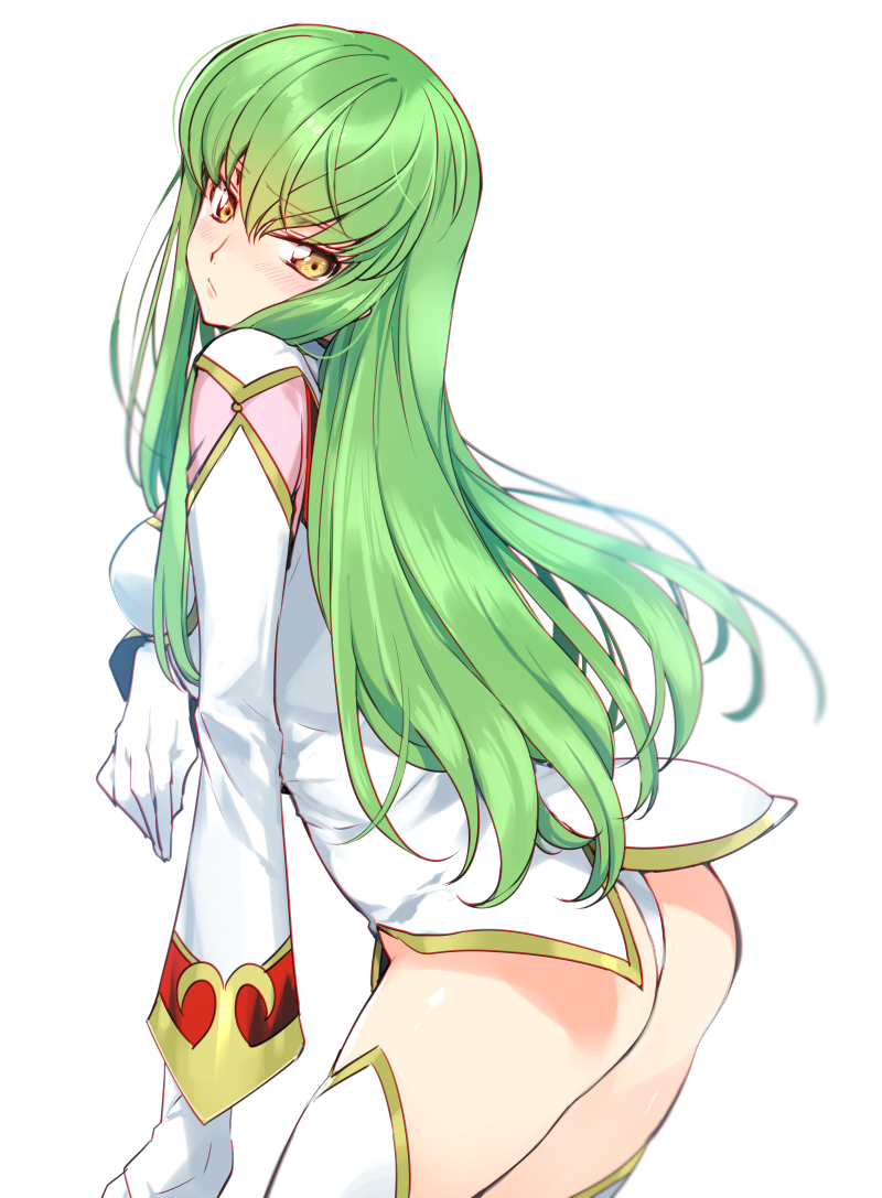 1girl ass bangs blush breasts c.c. code_geass creayus gloves green_hair long_hair simple_background solo thigh-highs white_background white_gloves yellow_eyes