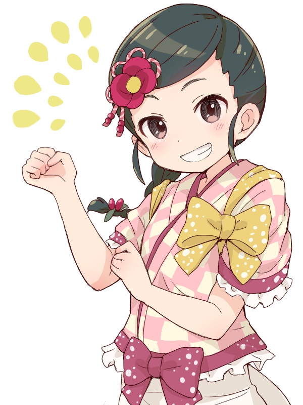 1girl bangs black_hair blush bow braid brown_eyes checkered checkered_kimono ddak5843 flower grin hair_flower hair_ornament hand_up idolmaster idolmaster_cinderella_girls japanese_clothes kimono long_hair red_flower shutou_aoi simple_background single_braid smile solo upper_body white_background yellow_bow