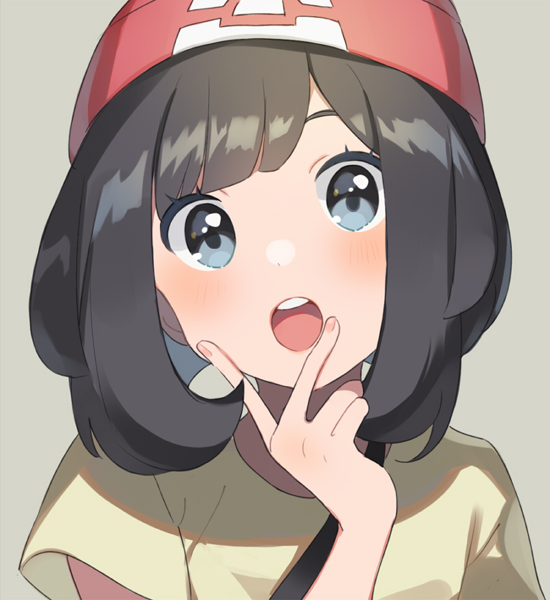 1girl :o bangs beanie black_hair blue_eyes blush creatures_(company) game_freak grey_background hand_on_own_face hat looking_at_viewer mizuki_(pokemon) nintendo open_mouth pokemon pokemon_(game) pokemon_sm red_headwear round_teeth shirt short_hair short_sleeves simple_background solo swept_bangs tareme teeth unapoppo upper_body upper_teeth yellow_shirt