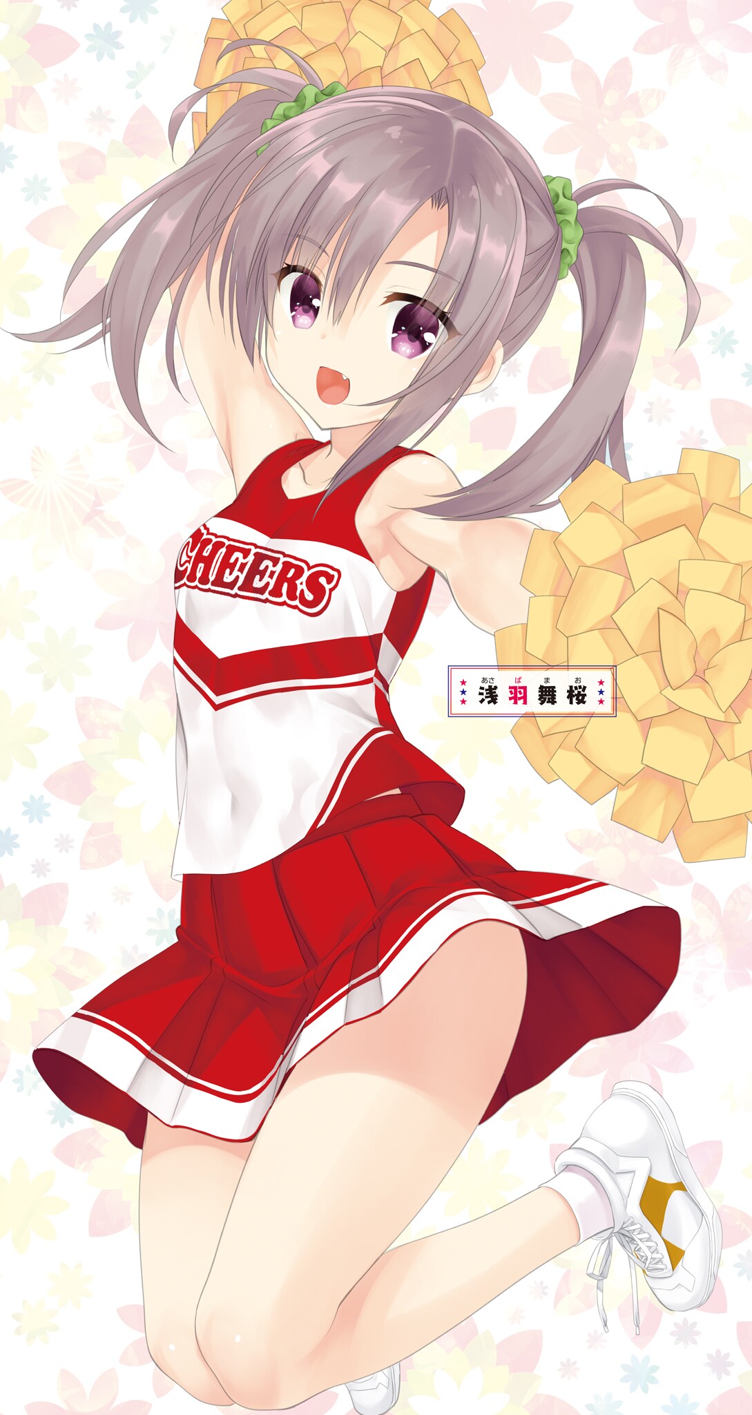 1girl :d asaba_mao character_name cheerleader cheers! collarbone copyright_name covered_navel eyebrows_visible_through_hair full_body green_scrunchie hair_between_eyes hair_ornament hair_scrunchie highres jumping kobuichi leg_up long_hair looking_at_viewer miniskirt novel_illustration official_art open_mouth outstretched_arms pleated_skirt pom_poms print_shirt red_skirt scrunchie shiny shiny_hair shirt shoes silver_hair skirt sleeveless sleeveless_shirt smile sneakers socks solo twintails violet_eyes white_footwear white_legwear