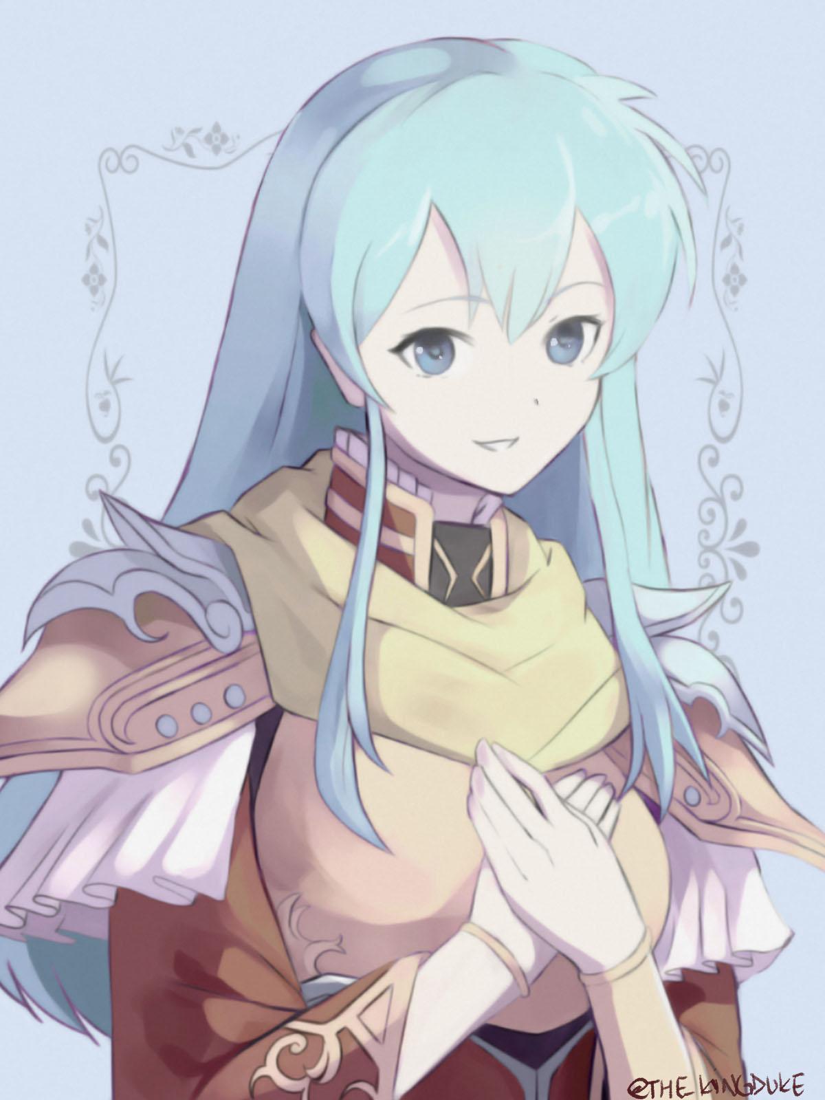 1girl armor blue_eyes blue_hair cape cute eirika fire_emblem fire_emblem:_seima_no_kouseki gloves hands_together hands_up highres intelligent_systems long_hair looking_at_viewer nintendo sidelocks simple_background smile solo the_kingduke twitter_username upper_body