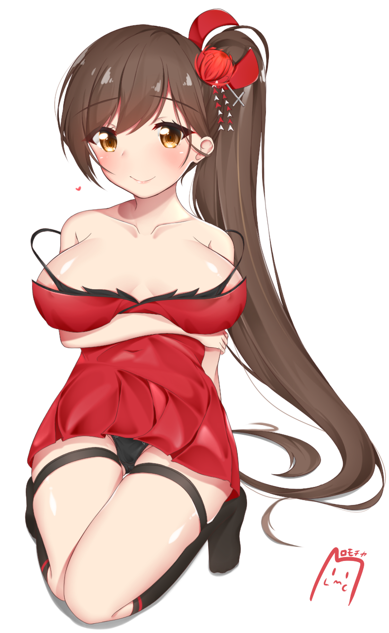 1girl azur_lane bad_anatomy black_legwear black_panties blush breast_lift breasts brown_eyes brown_hair cleavage dress eyebrows_visible_through_hair full_body hair_ornament highres kneehighs large_breasts long_hair looking_at_viewer no_shoes pantyshot_(kneeling) ponytail red_dress romocha_(hosachi3784) simple_background sitting smile solo strap_slip thigh_strap very_long_hair white_background