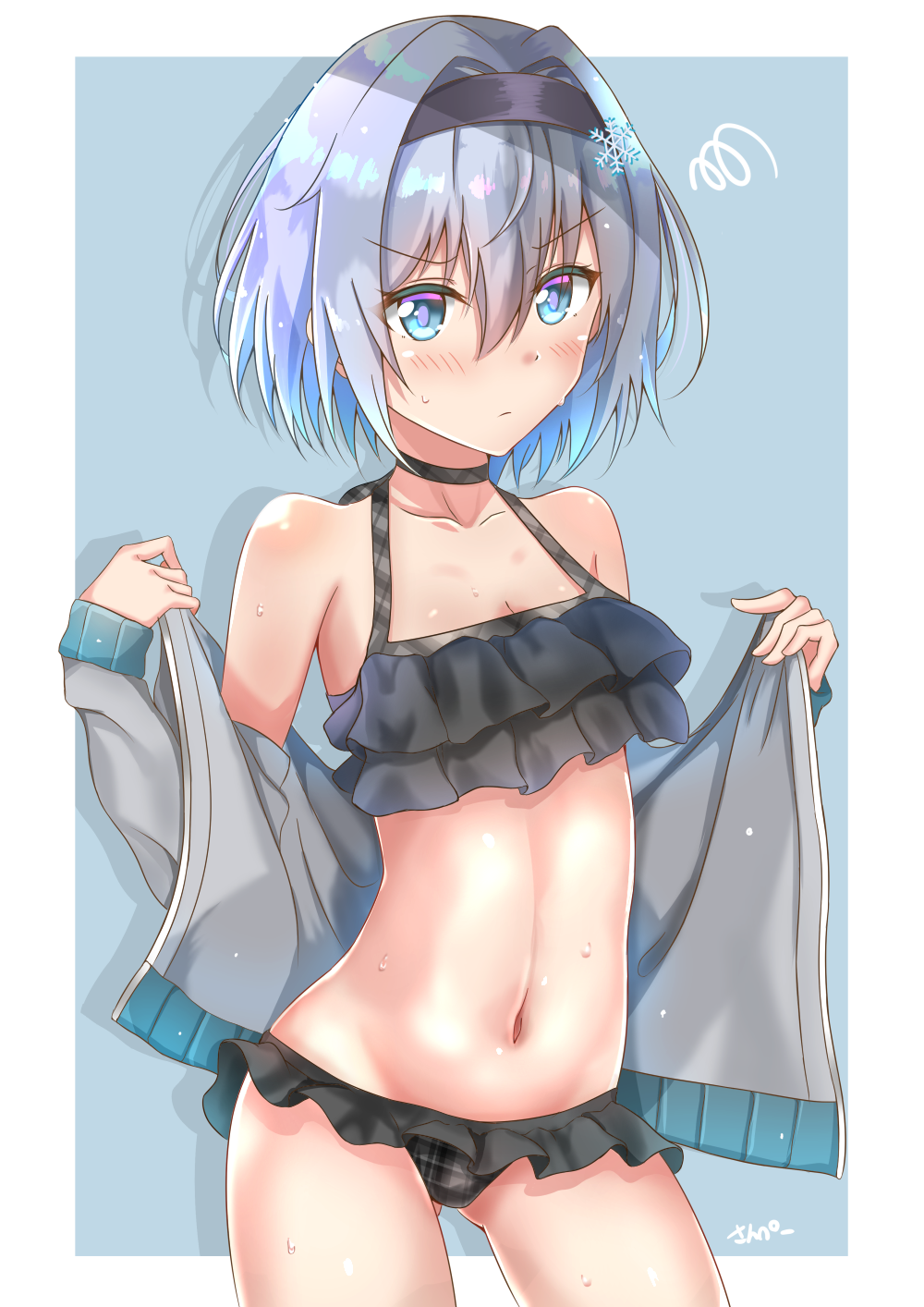 1girl bangs bare_shoulders bikini black_bikini black_hairband blue_eyes blush breasts choker cleavage collarbone commentary_request dot_nose eyebrows_visible_through_hair hair_between_eyes hair_ornament hairband highres long_sleeves looking_at_viewer off_shoulder ryuuou_no_oshigoto! short_hair signature silver_hair simple_background small_breasts snowflake_hair_ornament solo sora_ginko sunsun2812 swimsuit