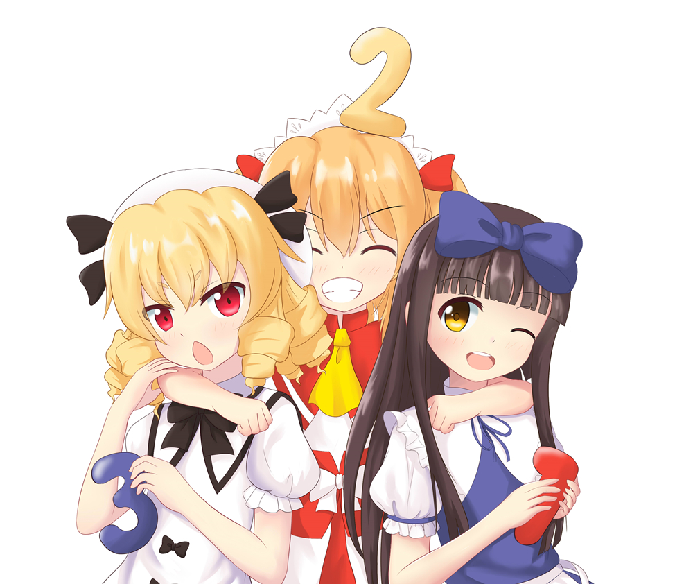 3girls arm_around_neck bangs black_hair black_neckwear blonde_hair blue_bow blue_dress blunt_bangs bow chestnut_mouth closed_eyes commentary_request date_pun dress drill_hair eyebrows_visible_through_hair grin hair_bow hat headdress holding hug hug_from_behind long_hair looking_at_viewer luna_child multiple_girls number number_pun one_eye_closed p.w. red_eyes red_vest redhead short_hair sidelocks simple_background smile star_sapphire sunny_milk thick_eyebrows touhou upper_body upper_teeth very_long_hair vest white_background white_dress yellow_eyes yellow_neckwear