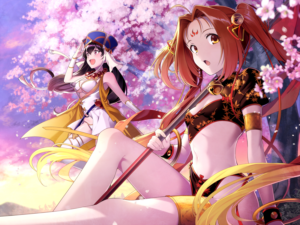 2girls ahoge bead_necklace beads bell bell_collar bikini black_hair brown_eyes brown_hair cherry_blossoms collar facial_mark fate/grand_order fate_(series) forehead_mark hair_bell hair_ornament hakka_(88hk88) hat jewelry multiple_girls navel necklace nezha_(fate/grand_order) polearm sitting spear sunrise swimsuit twintails violet_eyes weapon white_bikini xuanzang_(fate/grand_order)