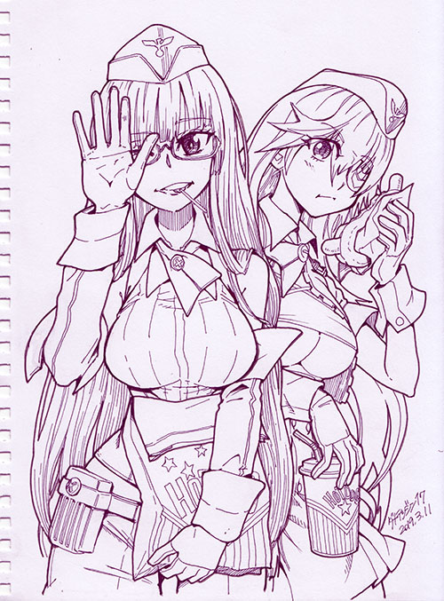 2girls azur_lane bag ballpoint_pen_(medium) bangs breasts candy drink drinking_straw eyepatch food garrison_cap glasses gloves gneisenau_(azur_lane) hair_between_eyes hat hot_dog ichinana_(dametetujin17) large_breasts lollipop long_hair military monochrome multiple_girls scharnhorst_(azur_lane) traditional_media uniform